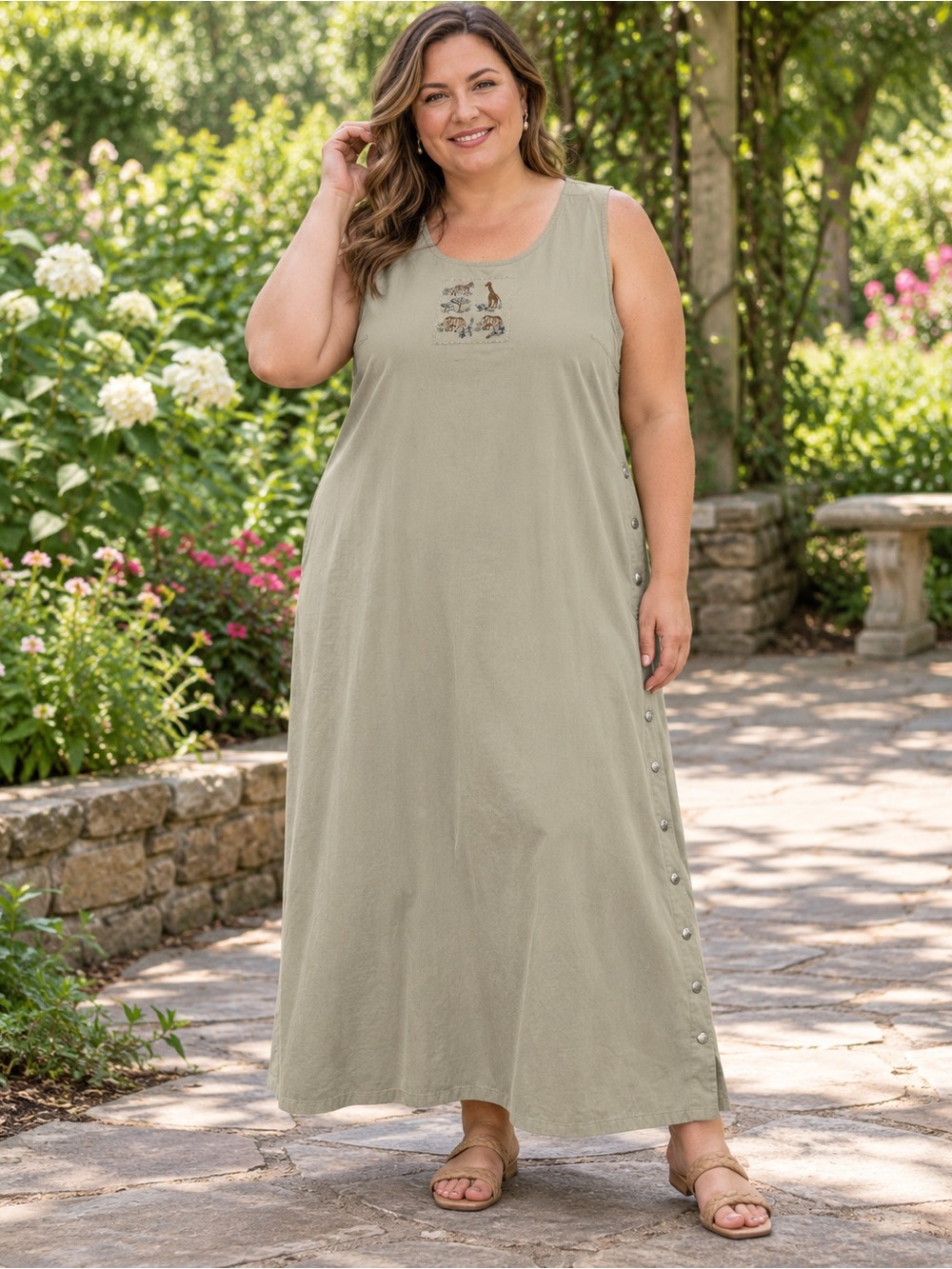 Vintage Victoria Jones Woman 2X Safari Embroidered Cotton Maxi Dress